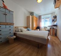 Bedroom in a two-room apartment with a wooden decor floor, a bed, and a work desk.