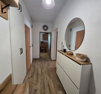 The entrance hall in a 2-room apartment with white furniture and a wooden decor floor.