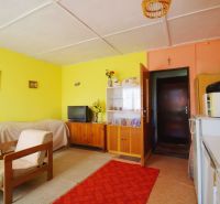 The interior of a cabin with a television, a sofa, and a carpet on a wooden-decorated floor.