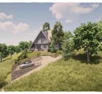 A cottage in Podhradí on a slope surrounded by trees and beautiful nature.
