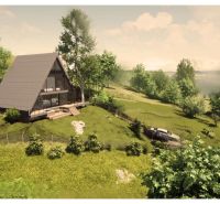 A cottage in Podhradí amidst forests and meadows with a car by the fence.