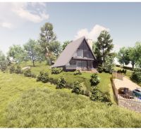 A cottage in Podhradí surrounded by greenery and trees, with space for parking cars.