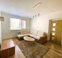 Living room in a two-room apartment with a wood-patterned floor and a light-colored sofa.