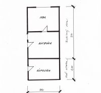 Floor plan of a family house in Čaradice with a room, kitchen, and bathroom.