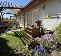 The garden of a family house in Čaradice with a pergola and blooming flowers.