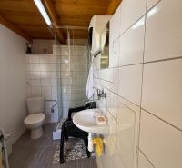 A bathroom in a family house with white tiles and a shower corner.