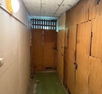 A narrow basement space with wooden doors and lighting.