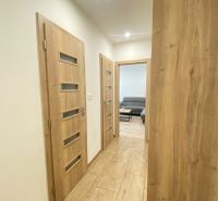 A hallway in a 2-room apartment with a wooden floor and doors.