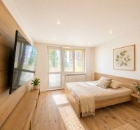 Bedroom in a 2-room apartment with a bed, television, and wooden decor flooring.