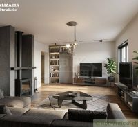 Living room with a fireplace in a family house, wooden decor flooring, sofa set.