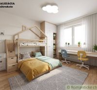 Children's room in a family house with a bunk bed, a desk, and a floor with a wooden decor.