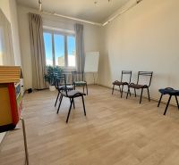Offices with wood-patterned flooring, chairs, and a board, pleasant lighting.