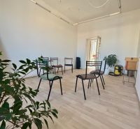 Offices with wood-patterned flooring and chairs, houseplants.