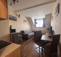 Living area of a 2-room apartment with a sofa, dining table, and wooden decor flooring.