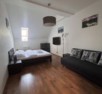 Bedroom with a bed and a sofa, wooden decor flooring in a two-room apartment.