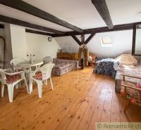 The interior of a cabin with a wooden decor floor, living area with plastic chairs.