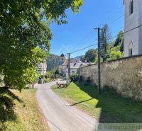 A country road leads through the Cottage in Žarnovica, lined with trees and historic buildings.
