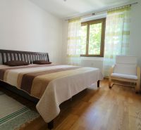 Bedroom in a 2-room apartment with wood-patterned flooring, a bed, and a chair.