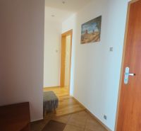 A hallway in a 2-room apartment with tiles and a picture on the wall.