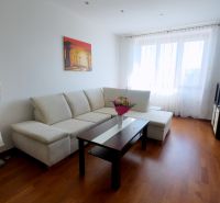 Living room with wood-patterned flooring, light-colored sofa, and wall painting in a two-room apartment.