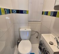 A bathroom in a 2-room apartment with white tiles and a colorful strip of tiles.