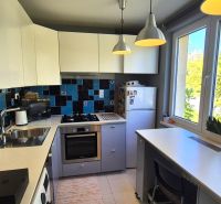 A kitchen in a 2-room apartment with blue-black tiles and large windows.