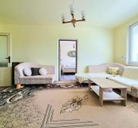 Living room with a sofa, coffee table, and large carpet in a 3-room apartment.