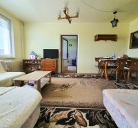 Living room in a 3-room apartment with carpets, a sofa, and a table next to the kitchen.