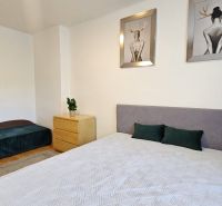 Bedroom in a 2-room apartment with a bed, sofa, and minimalist wall decor.