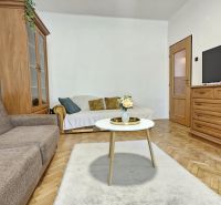 Living room in a two-room apartment with a wooden decor floor, a sofa, and a television.