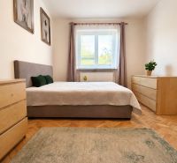 Bedroom in a 2-room apartment with a bed, dressers, and a wooden decor floor.