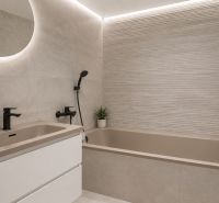 Bathroom in a 2-room apartment with a sink, bathtub, and a plant on the shelf.