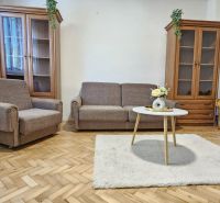 Living room in a two-room apartment with a comfortable couch, coffee table, and wooden decor flooring.