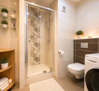 A bathroom in a 3-room apartment with a glass shower, a washing machine, and decoration.