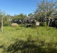 A garden with grass and an old structure near the Cottage in Malacky.
