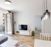 A bright living room with wood-patterned flooring in a 2-room apartment.