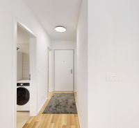 The entrance hall of a 2-room apartment with a wood-patterned floor and built-in wardrobes.