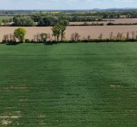 Recreational plots in Trhovištia with expansive green fields and rural landscape.