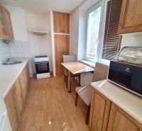 A kitchen in a studio apartment with furniture and flooring featuring a wood design.