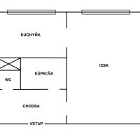 Floor plan of a 1-bedroom apartment with a kitchen, room, bathroom, toilet, and hallway.