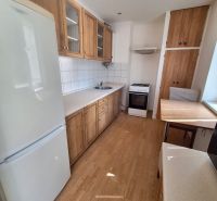 A kitchen in a studio apartment with white walls, a wood-patterned floor, and appliances.