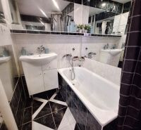 Bathroom in a studio apartment with a bathtub, sink, and dark tiles.