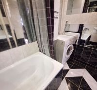 A bathroom in a studio apartment with a bathtub, washing machine, and black-and-white tiles.