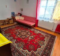 Living room in a family house with a carpet and wood-patterned flooring.