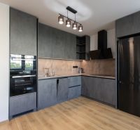 The kitchen in a 2-room apartment with anthracite cabinets and a wooden decor floor.