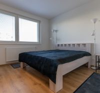 Bedroom in a 2-room apartment with a bed, lamp, and wooden decor flooring.