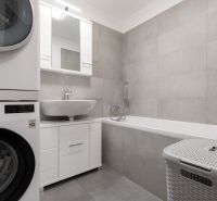 Bathroom in a 2-room apartment with a washing machine, sink, bathtub, and storage space.