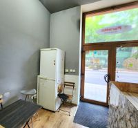 Gastro premises with a wooden decor floor, a refrigerator by the table, and entrance doors.