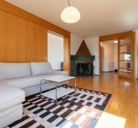 Living room with a sofa, coffee table, fireplace, and wooden decor flooring in a 4-room apartment.
