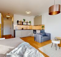 Compact 1-room apartment with a kitchen, yellow refrigerator, and wooden decor flooring.